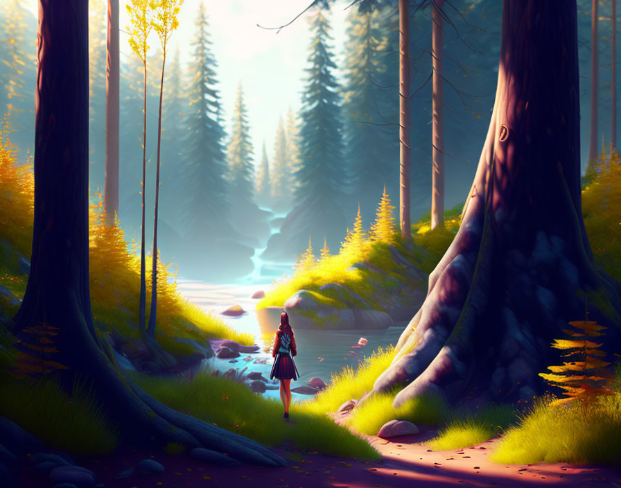 Girl in Red Cloak by Sunlit Forest Stream