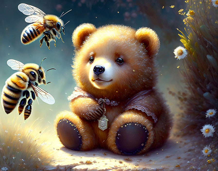 Illustration of fluffy teddy bear with pendant, bees, and daisies in sunny scene