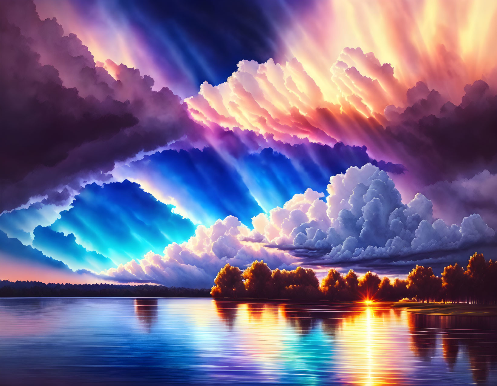 Vibrant sunset with sunrays over serene lake