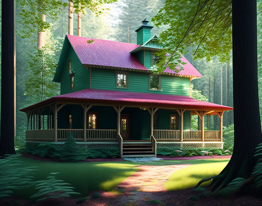 Green Two-Story House with Wraparound Porch in Forest Setting