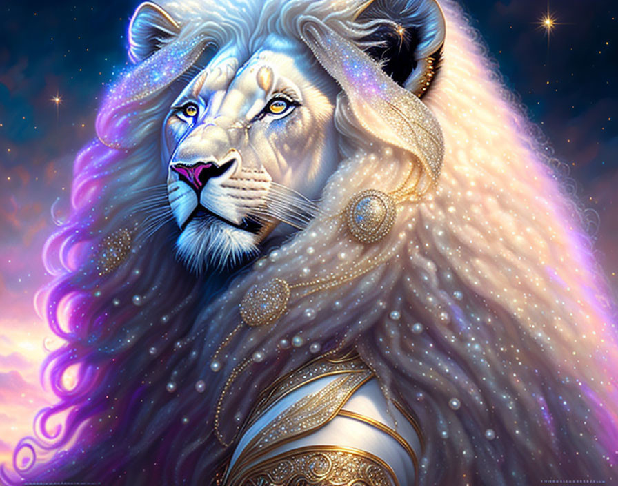 Majestic cosmic lion with starry mane and golden ornaments against night sky