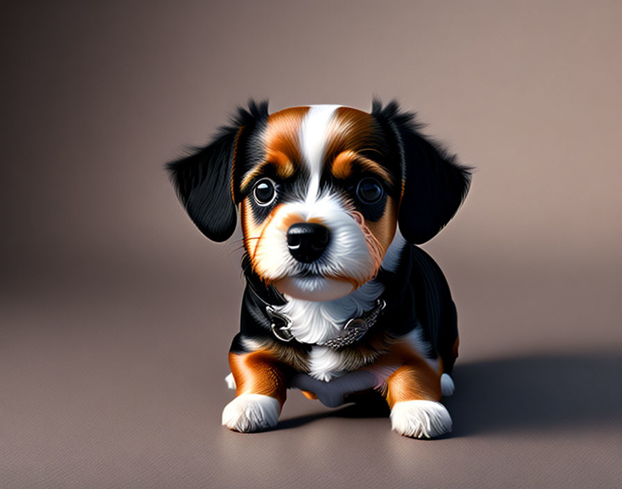 Tricolor puppy digital illustration with big eyes and shiny collar