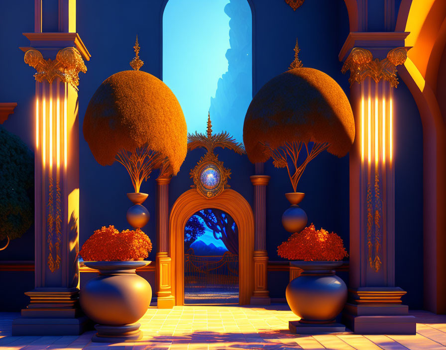 Stylized garden with spherical trees, golden pillars, grand arch