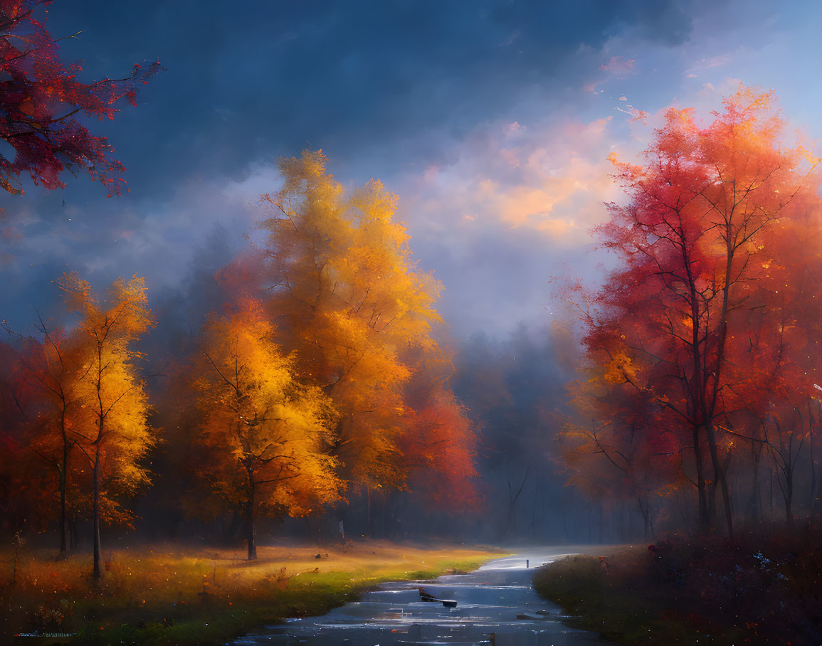 Vibrant autumn forest with red and yellow trees, misty atmosphere, and a winding path under