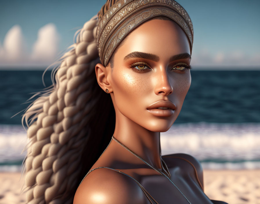 Woman's portrait with long braid, headband, subtle makeup on beach.