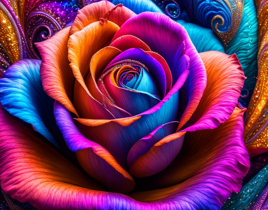 Multicolored Rose with Swirling Blue, Purple, Red, and Orange Patterns