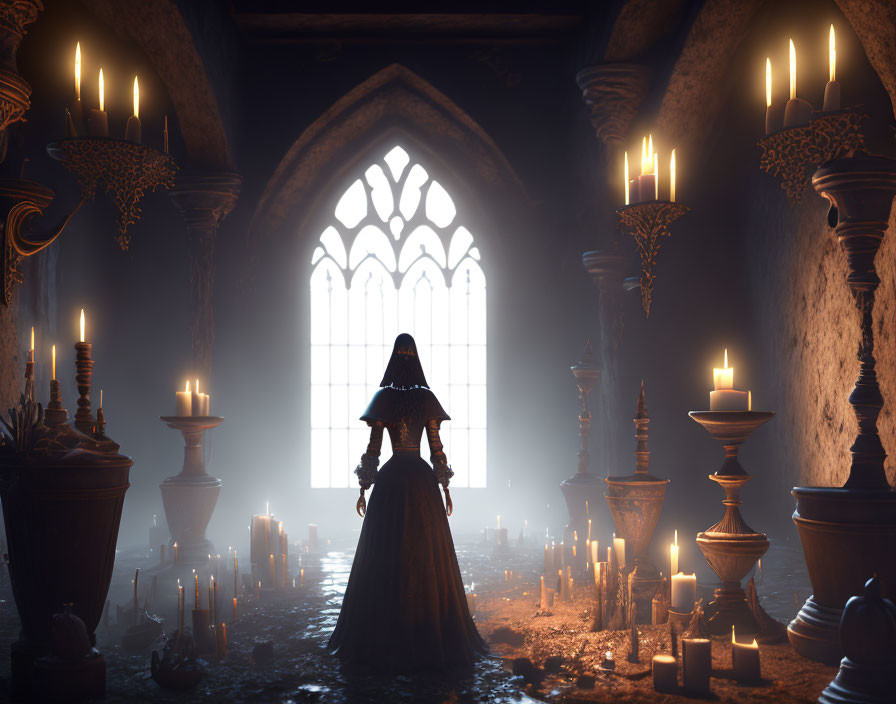 Cloaked figure in dimly lit room with candles and ornate window