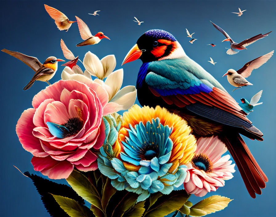 Colorful Bird Perched on Flowers in Vibrant Digital Art