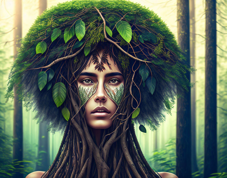 Illustration of woman with tree-like features in forest landscape