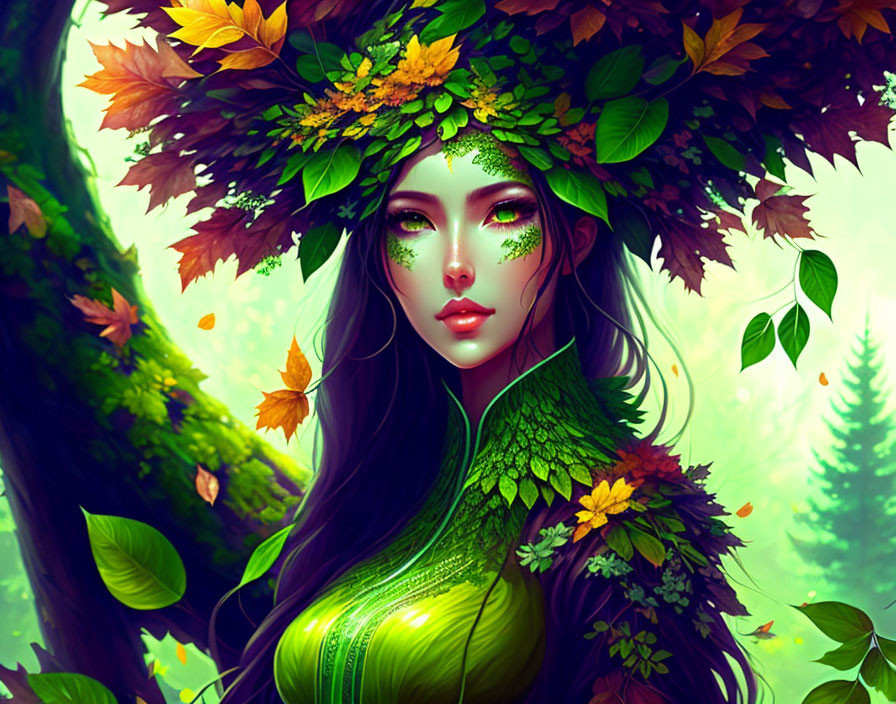 Illustrated female figure with autumn wreath and forest background