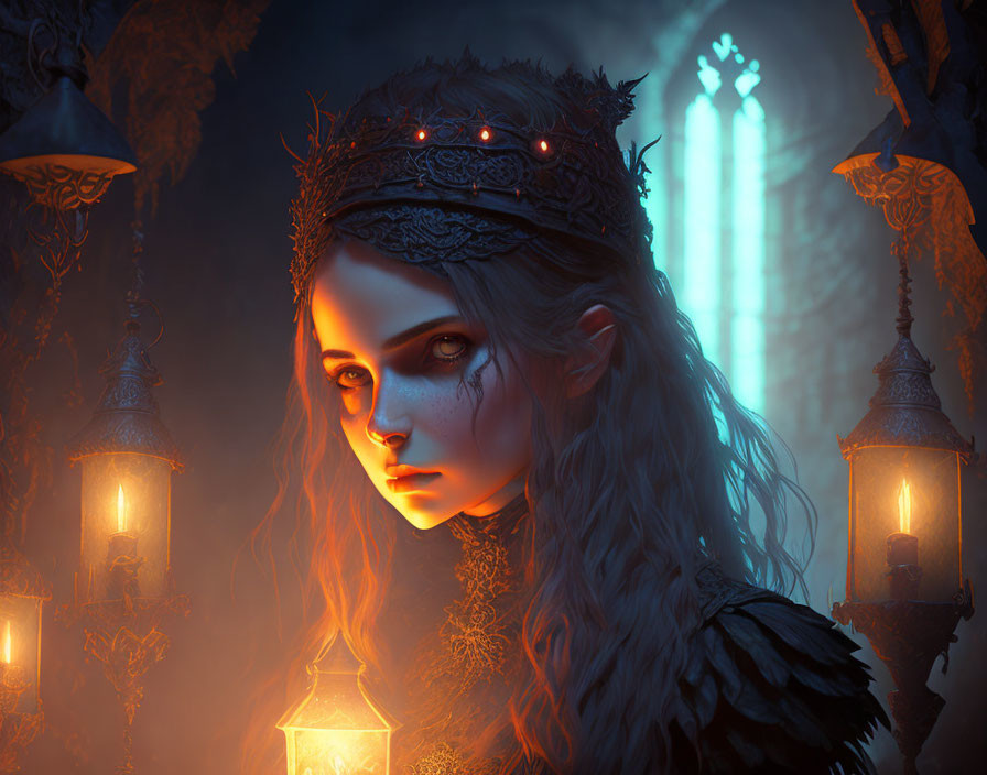 Female fantasy portrait: glowing eyes, crown, lanterns, blue lighting