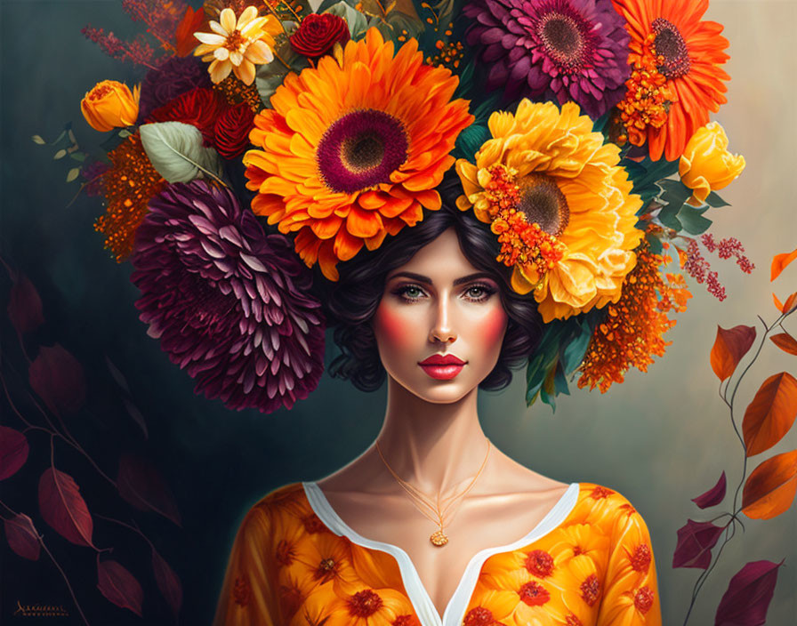 Vibrant floral crown on woman in yellow dress against dark background