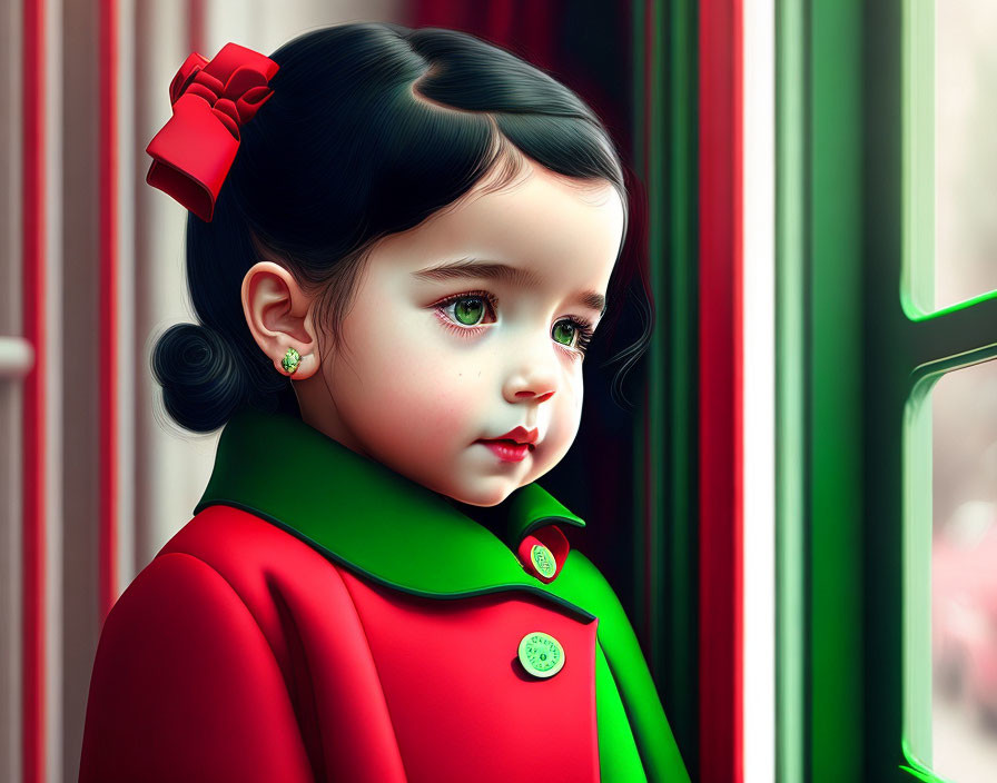 Young girl with dark hair and red bow in green coat gazes out window