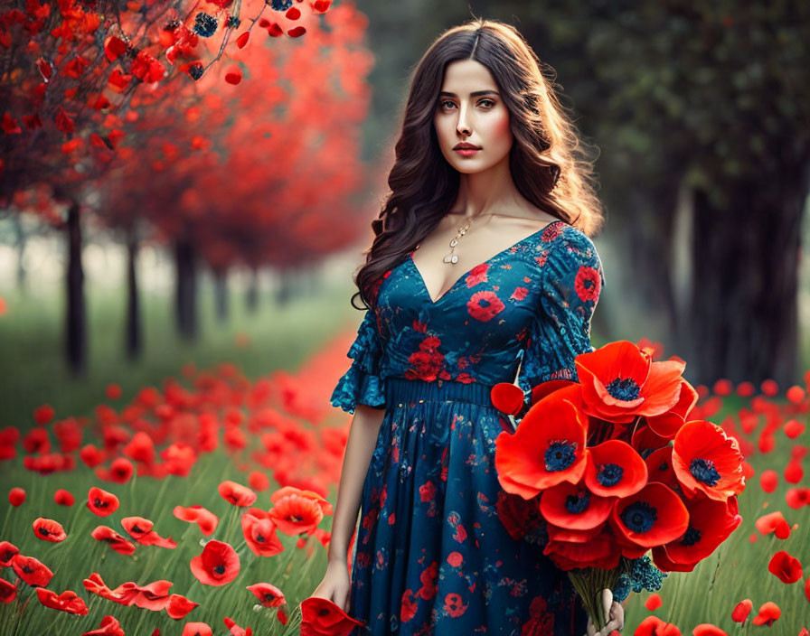 Woman in Blue Dress Surrounded by Red Poppies in Field