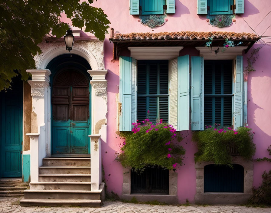 Pink house with baby blue shutters, flower boxes, and blue door in lush green setting