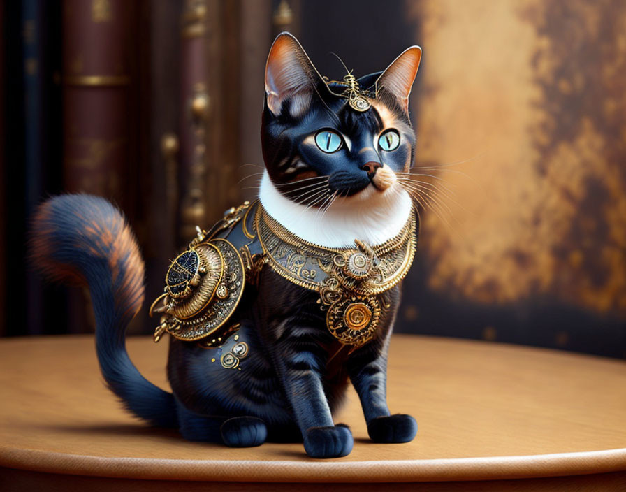 Black Cat with Blue Eyes and Gold Steampunk Harness Among Vintage Books