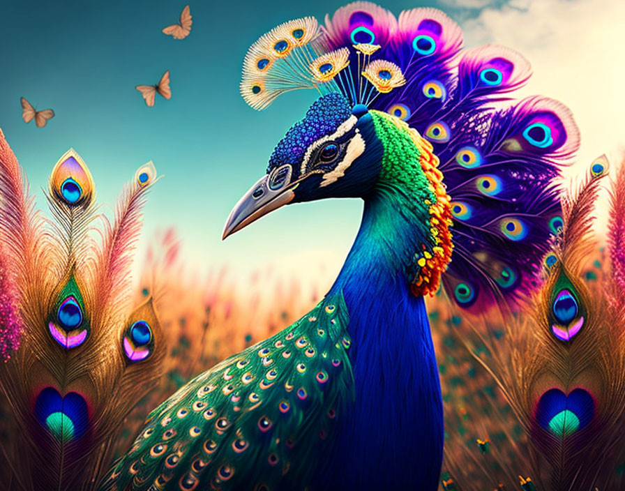 Colorful peacock with butterflies in dreamy scene