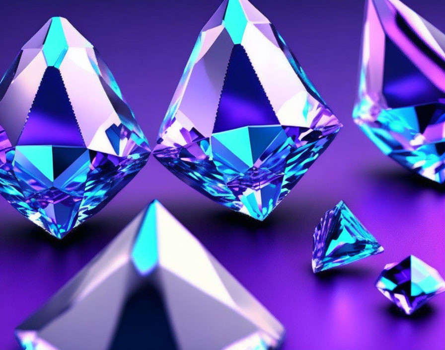 Blue Crystal Collection: Varied Cut Facets Reflecting Light on Purple Surface