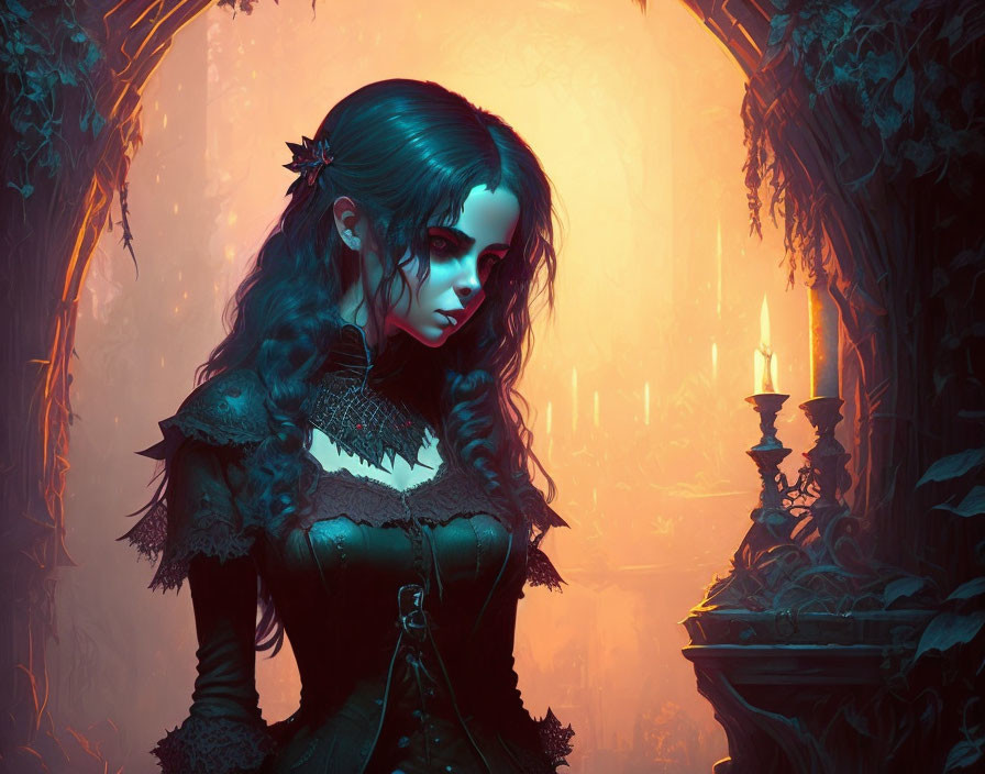 Gothic fantasy illustration of a woman with greenish skin and red eyes in candlelit archway