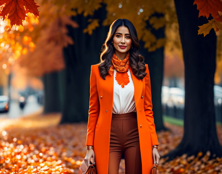 Stylish woman in orange coat among autumn leaves.