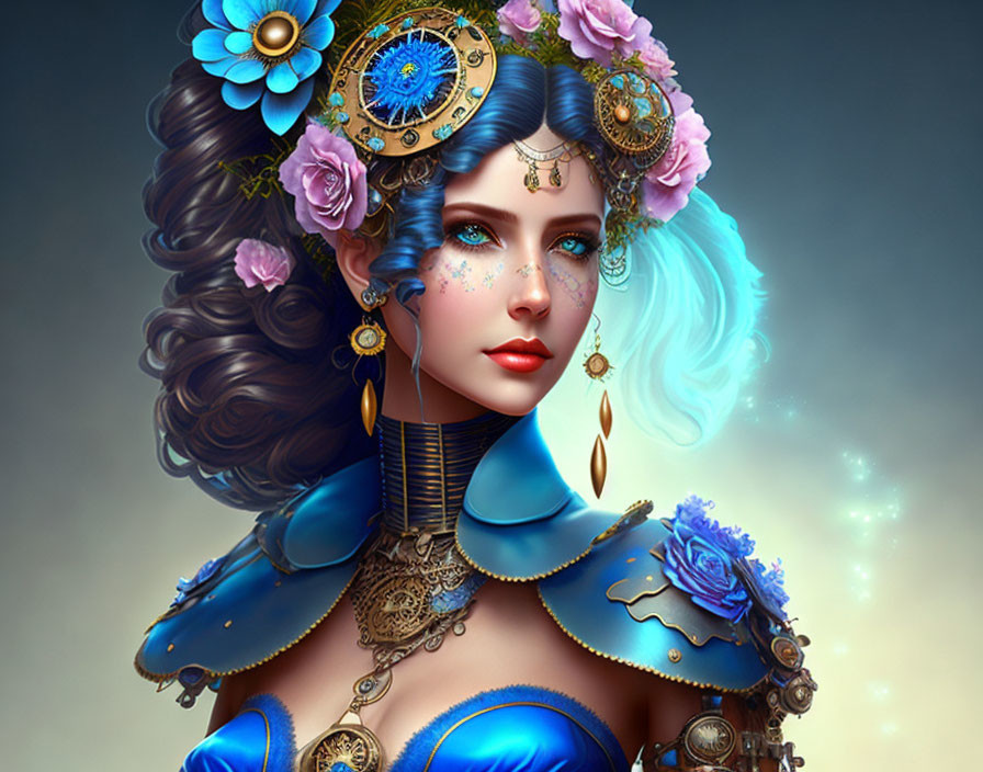 Illustrated portrait of woman with blue hair, roses, clockwork, gold jewelry, celestial backdrop