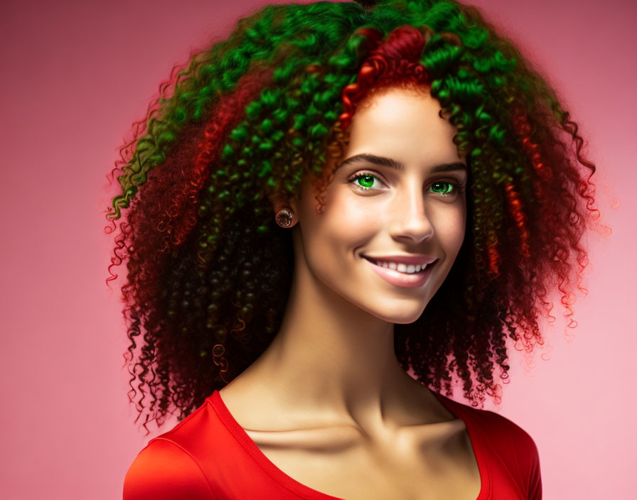 Smiling woman with red and green curly hair on pink background