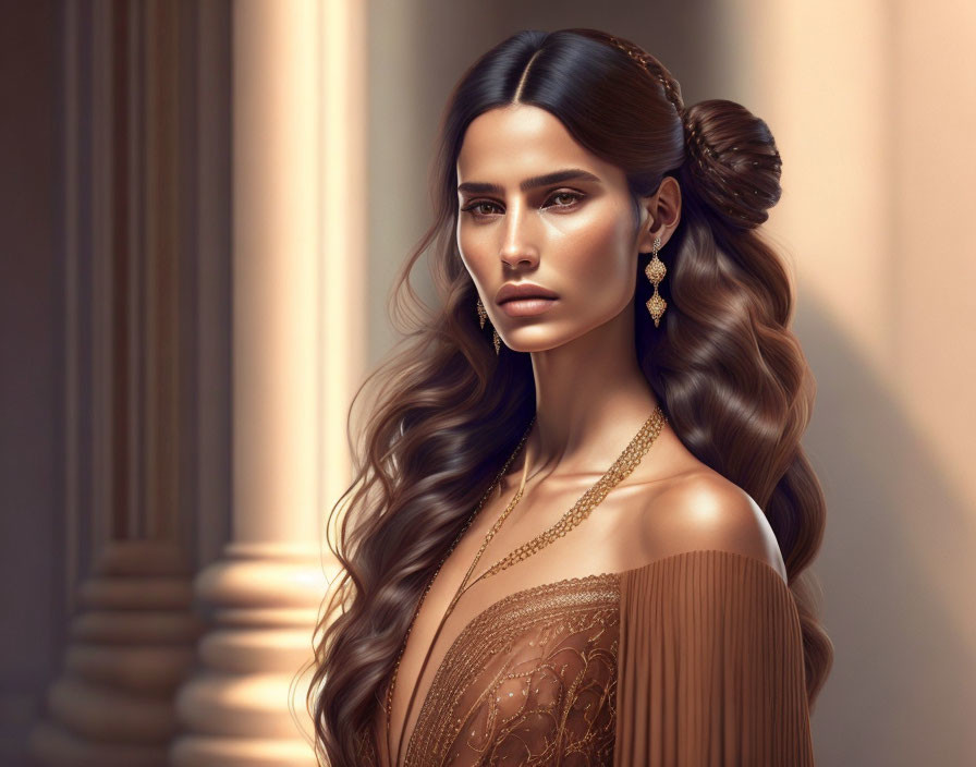 Digital artwork: Woman with long wavy hair, gold jewelry, elegant brown outfit, classical column backdrop