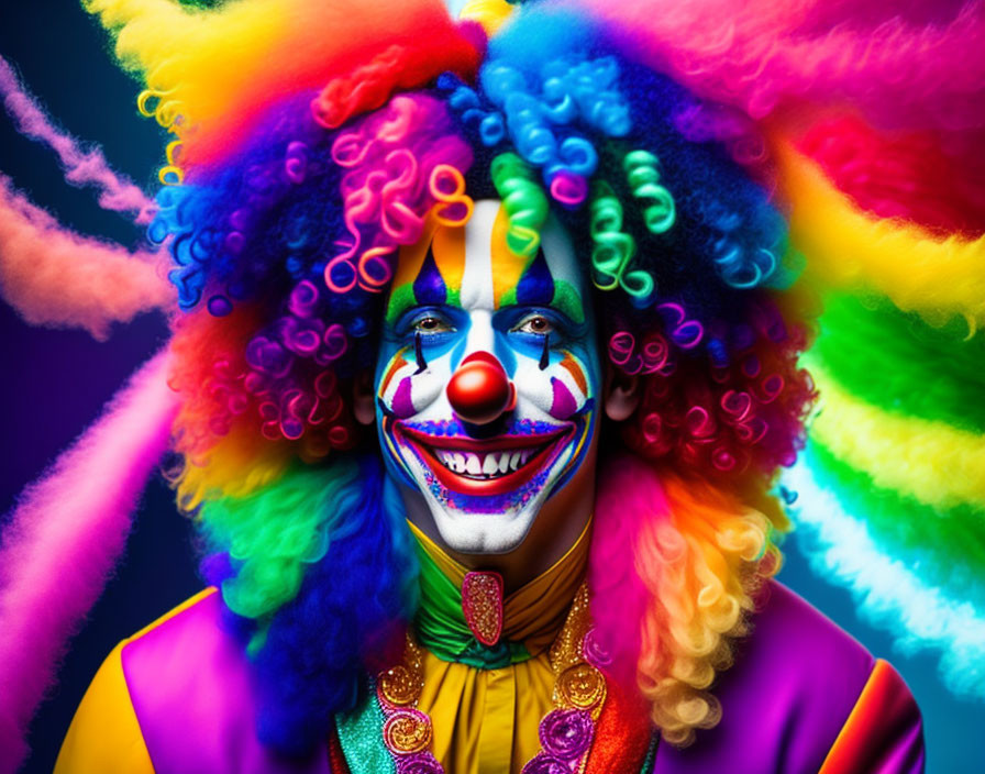 Colorful Clown with Multicolored Wig and Bright Costume