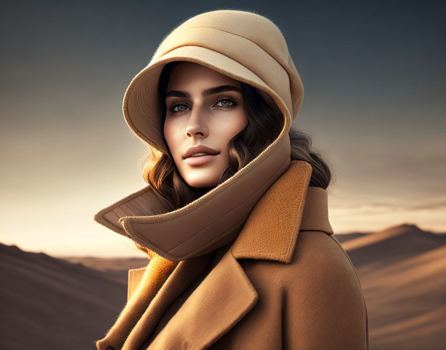 Woman with Striking Eyes in Hat & Tan Scarf in Desert Setting