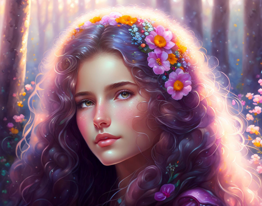 Colorful digital portrait of woman with purple hair and floral adornments in whimsical forest setting