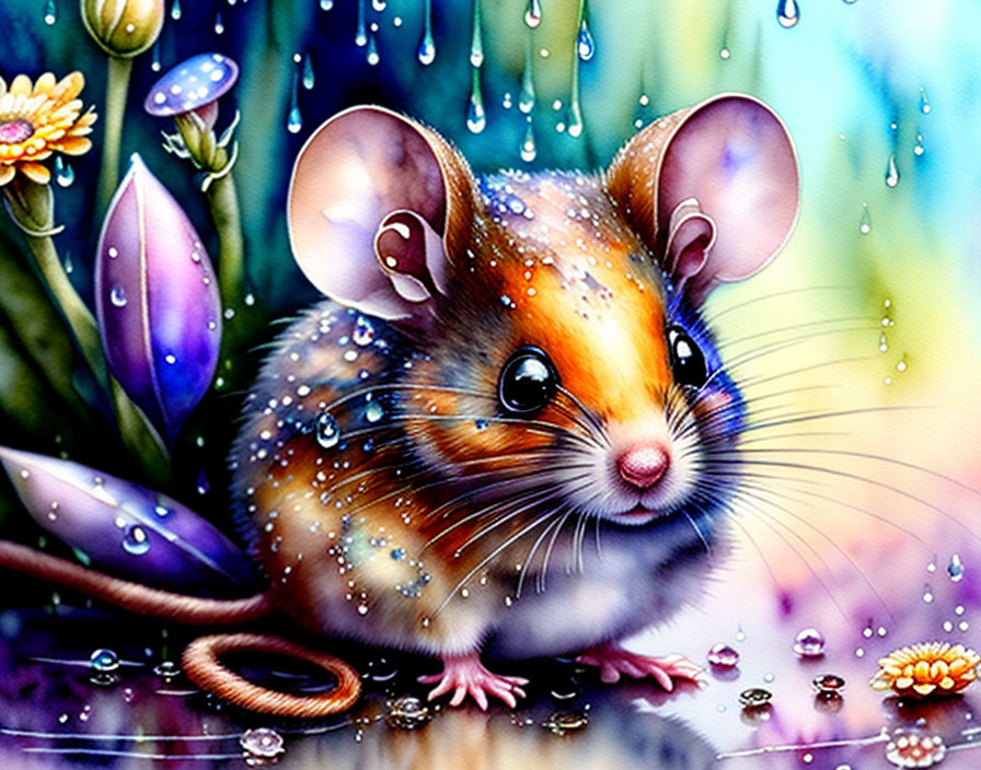 Illustration of cute mouse with water droplets, vibrant flowers, and misty ambiance