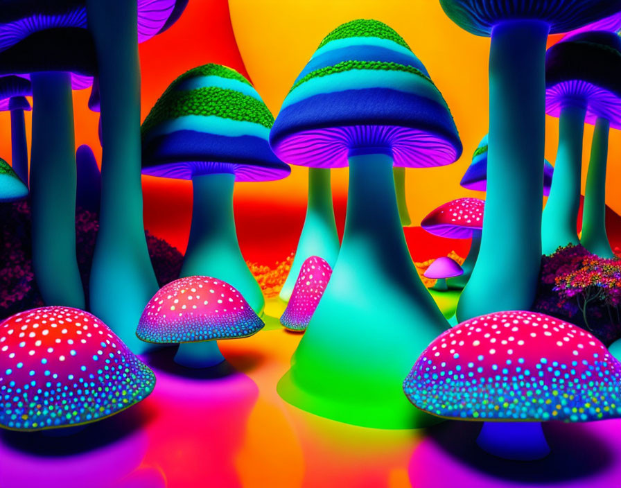 Colorful Neon Mushroom Art on Multicolored Background