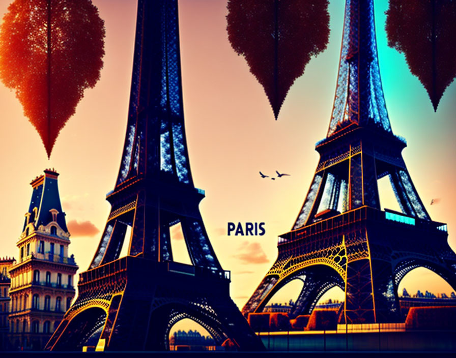 Eiffel Tower illustration at dusk with warm lighting and Parisian building, bird, and text overlay