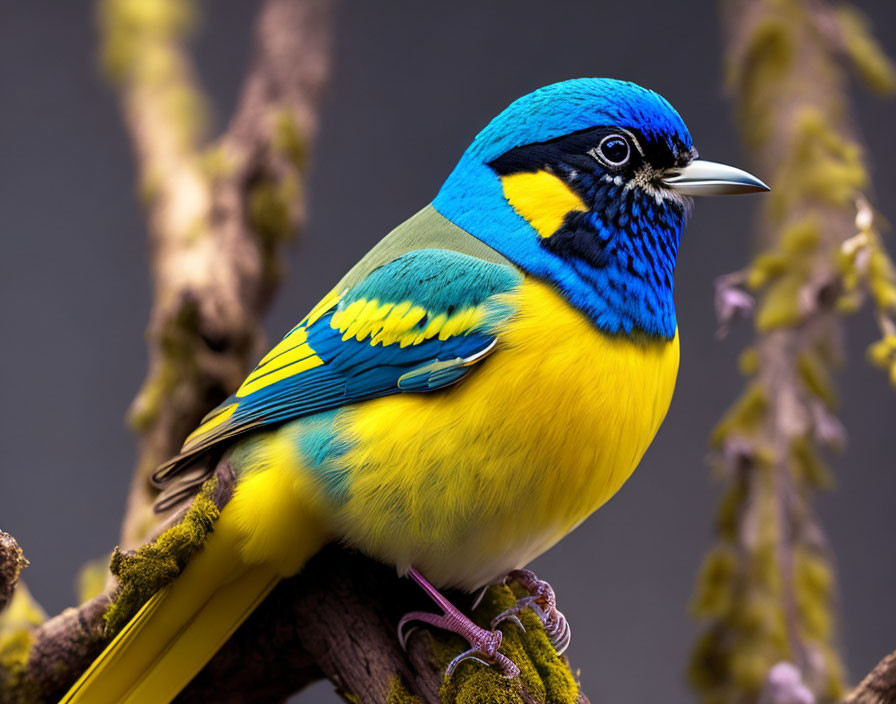 Colorful Bird with Blue, Yellow, and Green Plumage Perched on Branch