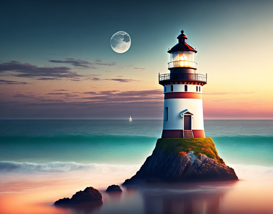 Tranquil seascape with lighthouse, sailboat, and full moon