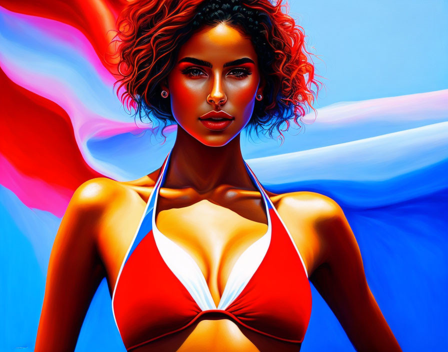 Colorful digital art: Woman with curly hair in red and white bikini on abstract blue and red backdrop