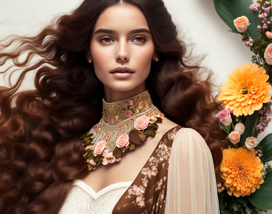 Woman with Long Wavy Hair and Floral Necklace Surrounded by Flowers