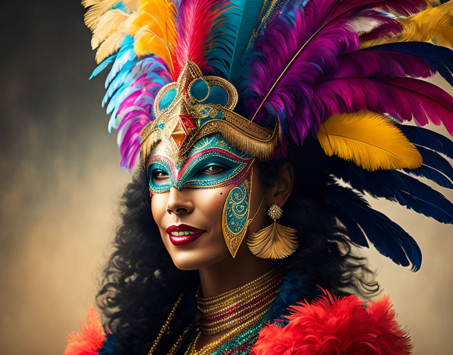 Colorful Feather Headdress and Ornate Carnival Mask on Person against Neutral Background