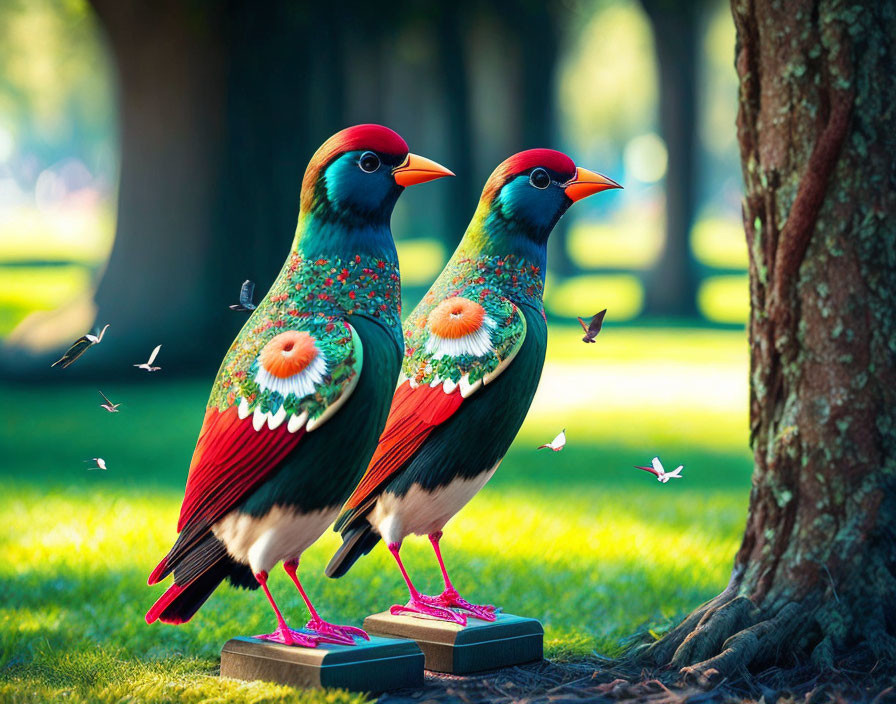 Colorful feathered birds in sneakers on pedestals amid trees and butterflies