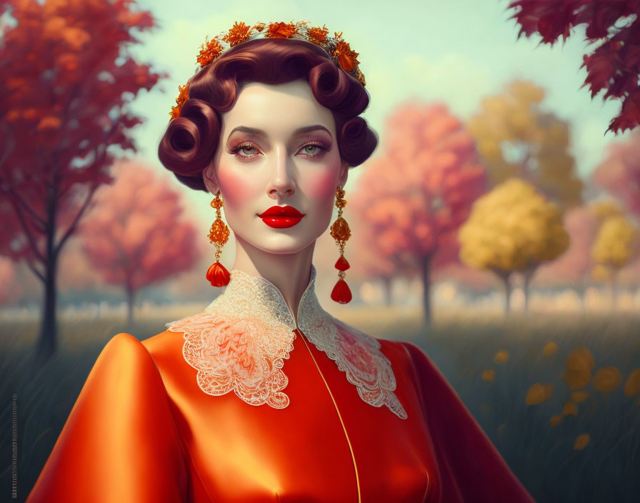 Vintage-inspired illustration of elegant woman in red dress with lace collar, styled with autumn-themed accessories