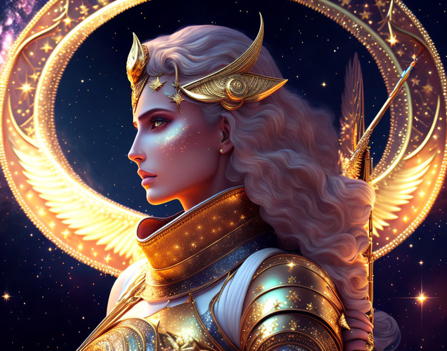 Fantasy female warrior with golden armor and winged helmet in celestial setting