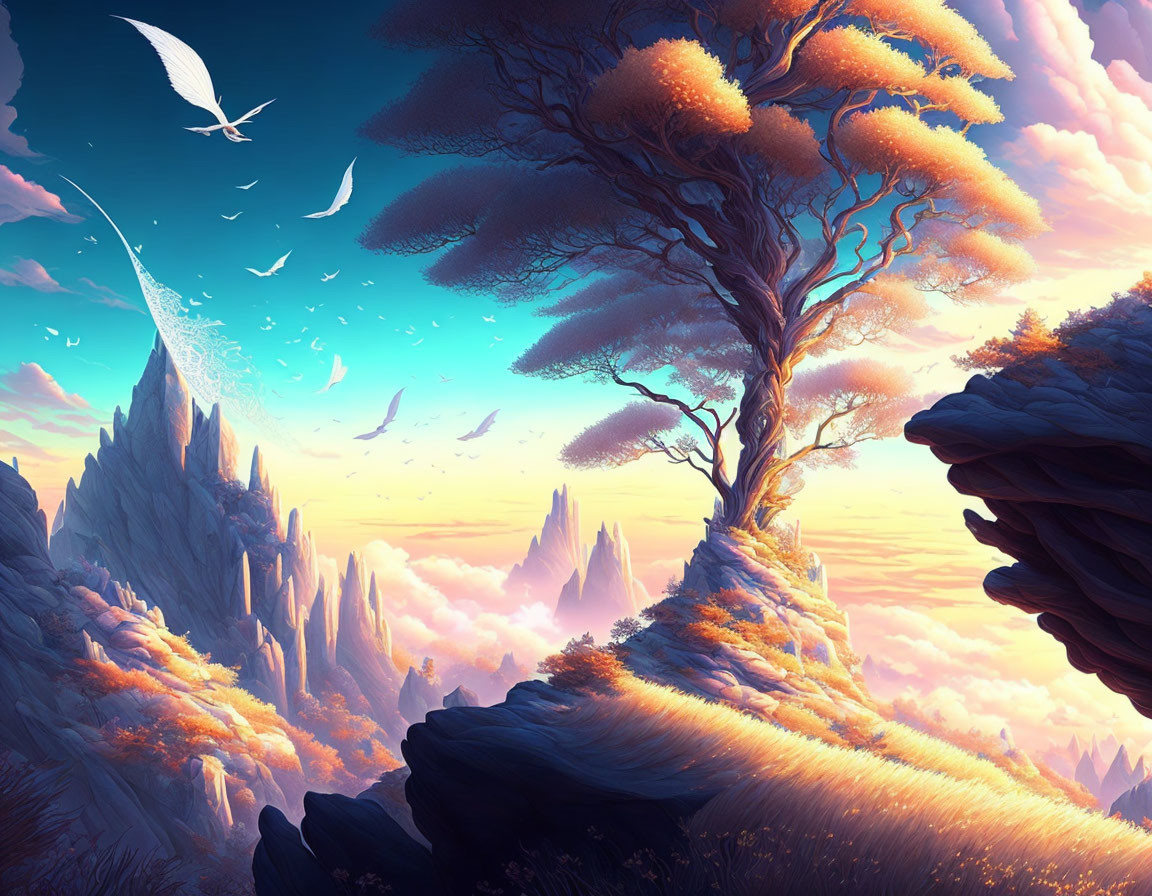 Ethereal tree and vibrant fantasy landscape with colorful sky