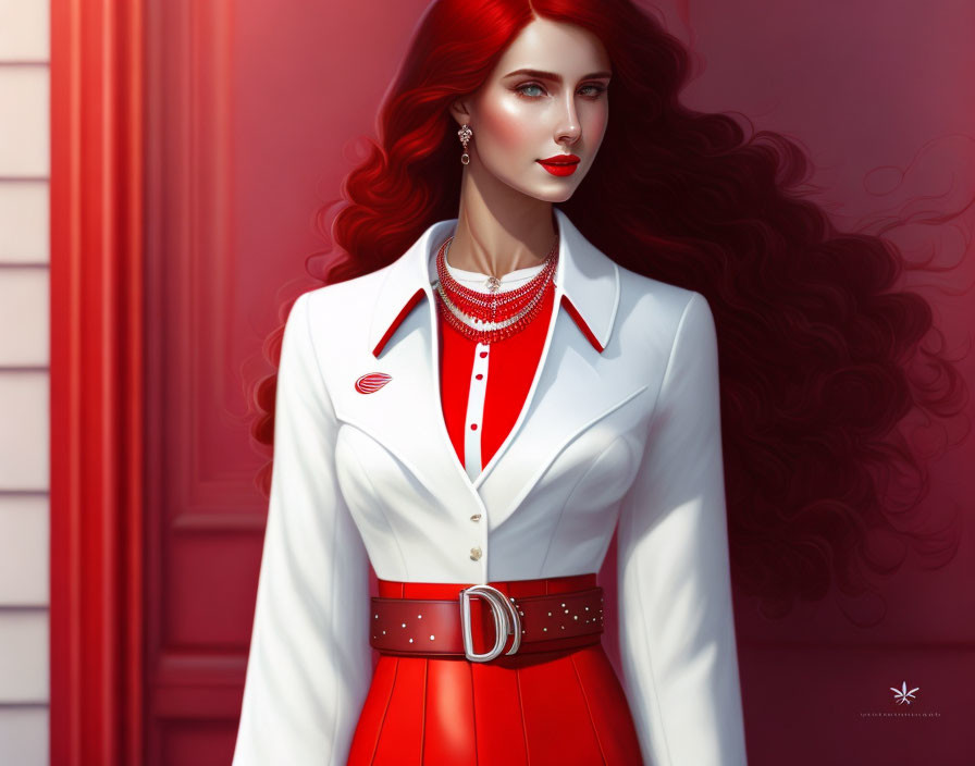 Illustration of woman with red hair, white jacket, red lips, and layered necklaces