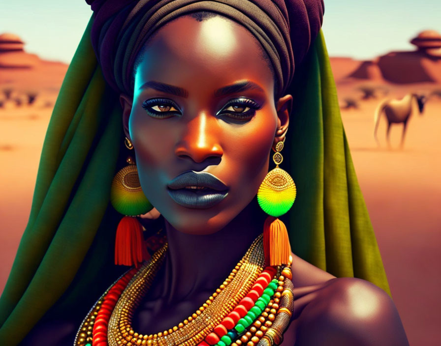 Digital art portrait of woman with vibrant jewelry and headdress in desert with camel