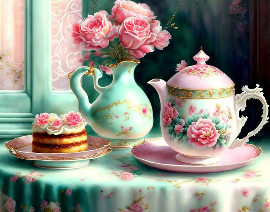 Floral tea set, cake, and blooming flowers against window view