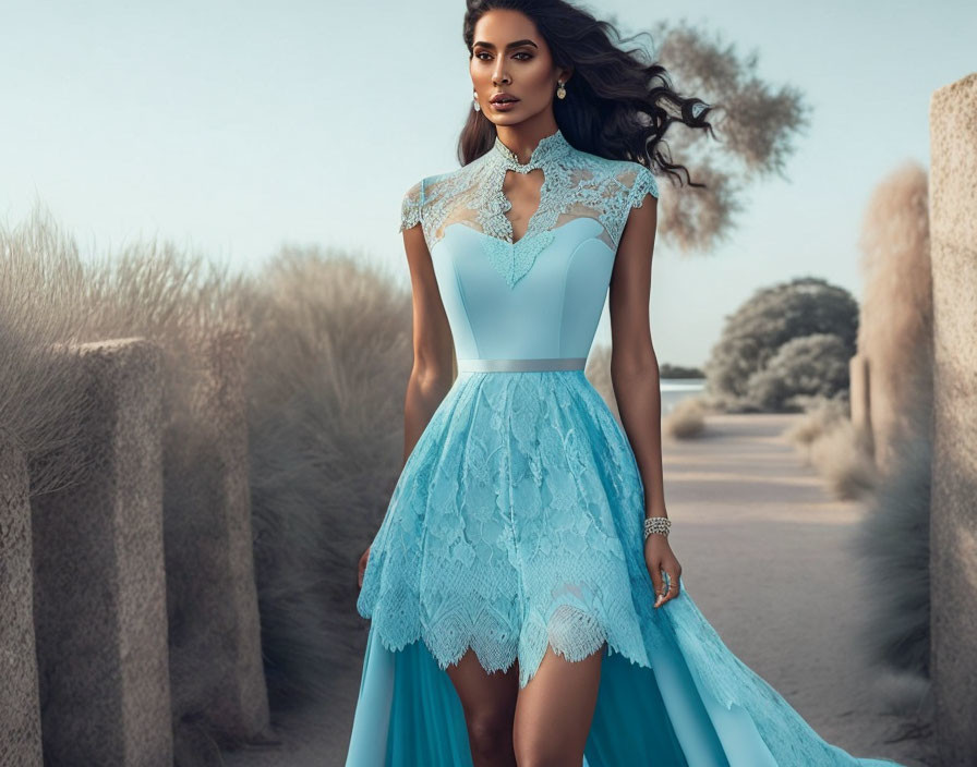 Elegant woman in blue and white lace dress on sandy path