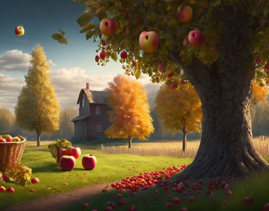 Tranquil autumn setting with ripe apples, apple tree, basket, quaint house, and warm light