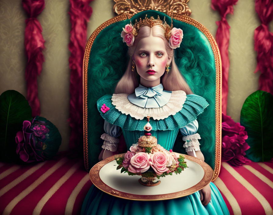 Surreal regal woman in blue outfit with cake and roses