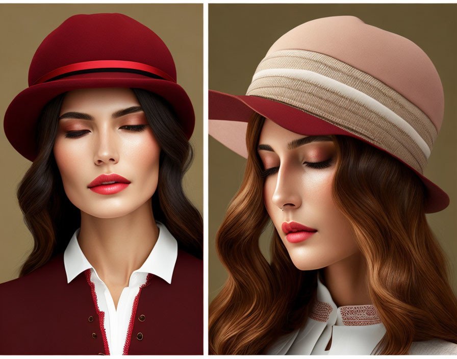 Elegant makeup portraits of a woman in red and beige stylish hats