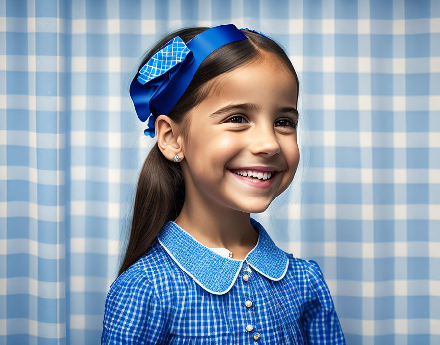 Young Girl in Blue Headband and Checkered Dress on Checkered Background